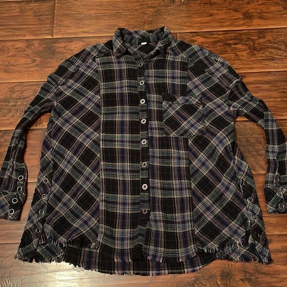 Free People Plaid Design Distressed Long Sleeve Top Casual Raw Hem Detailed Boho - Picture 5 of 11